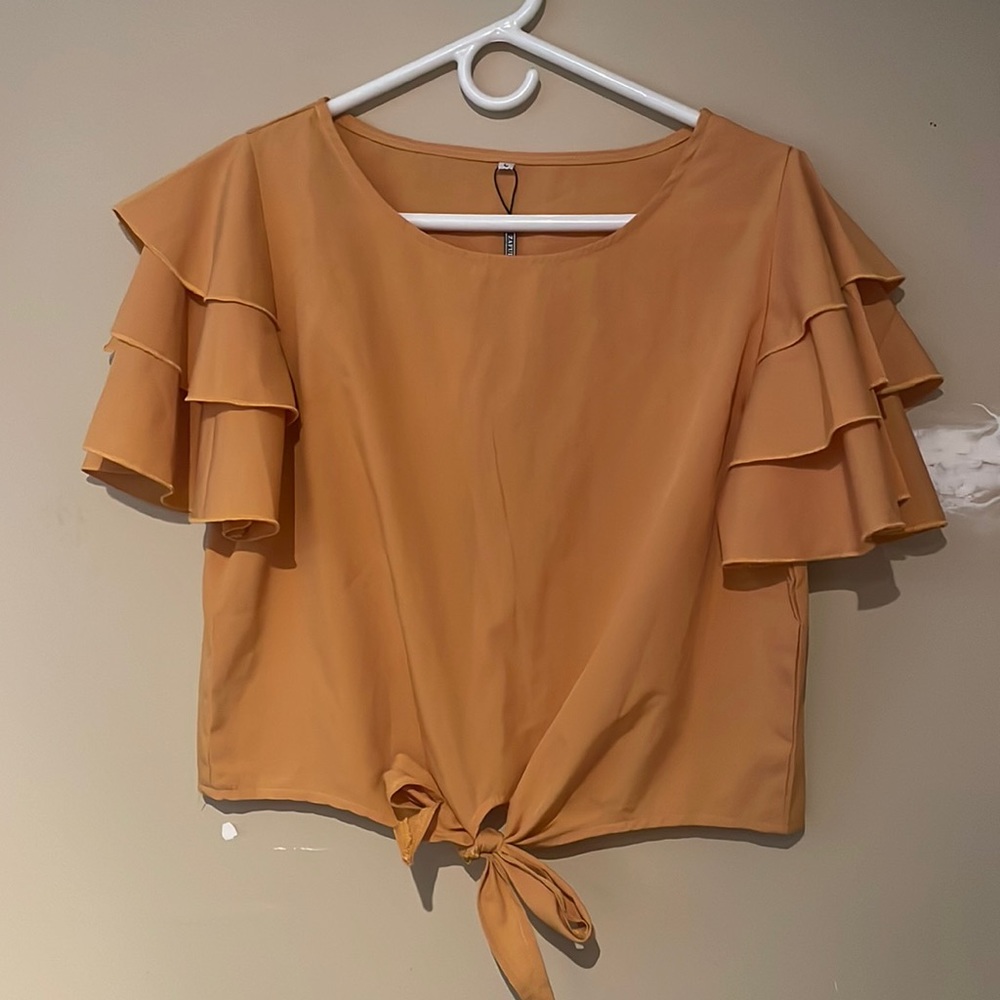 Mustard Yellow Blouse with Tie and Ruffles Sleeves